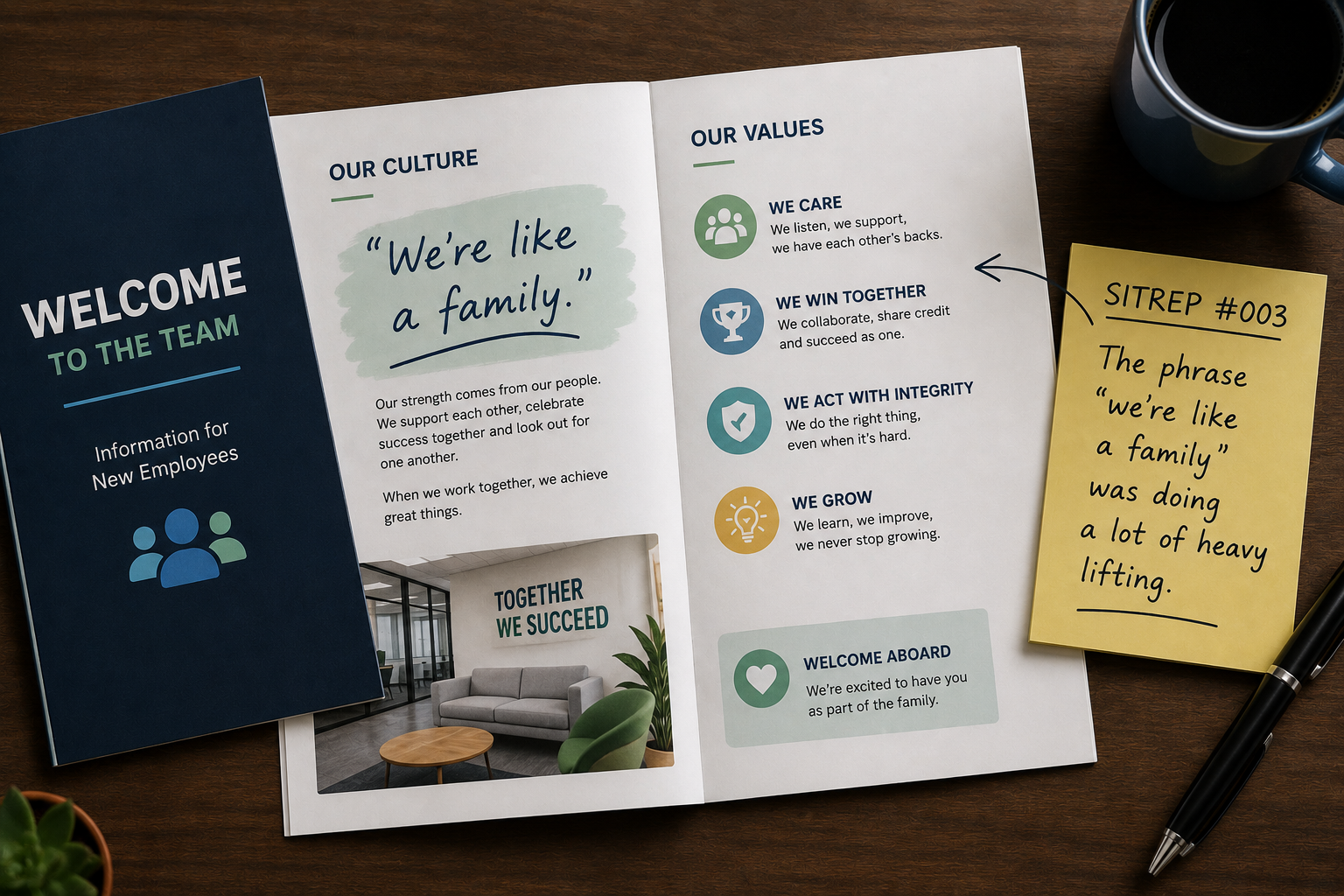 Workplace communication board featuring a "we're like a family" message, illustrating organisational culture and employee engagement.