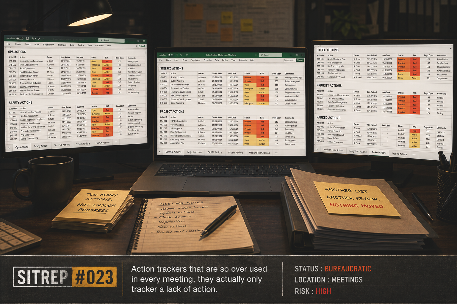 A three-screen office workstation displaying multiple action trackers, overdue tasks and spreadsheet dashboards, representing how bureaucracy can overtake execution.