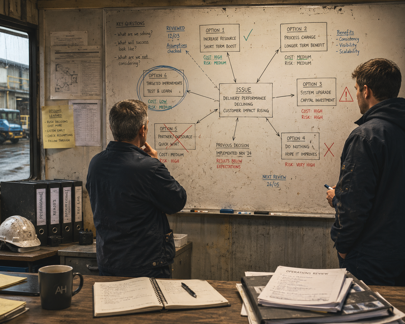 Two operational leaders reviewing multiple options, risks and previous decisions on a well-used planning board, illustrating how judgement is forged through experience, mistakes, consequences and reflection.