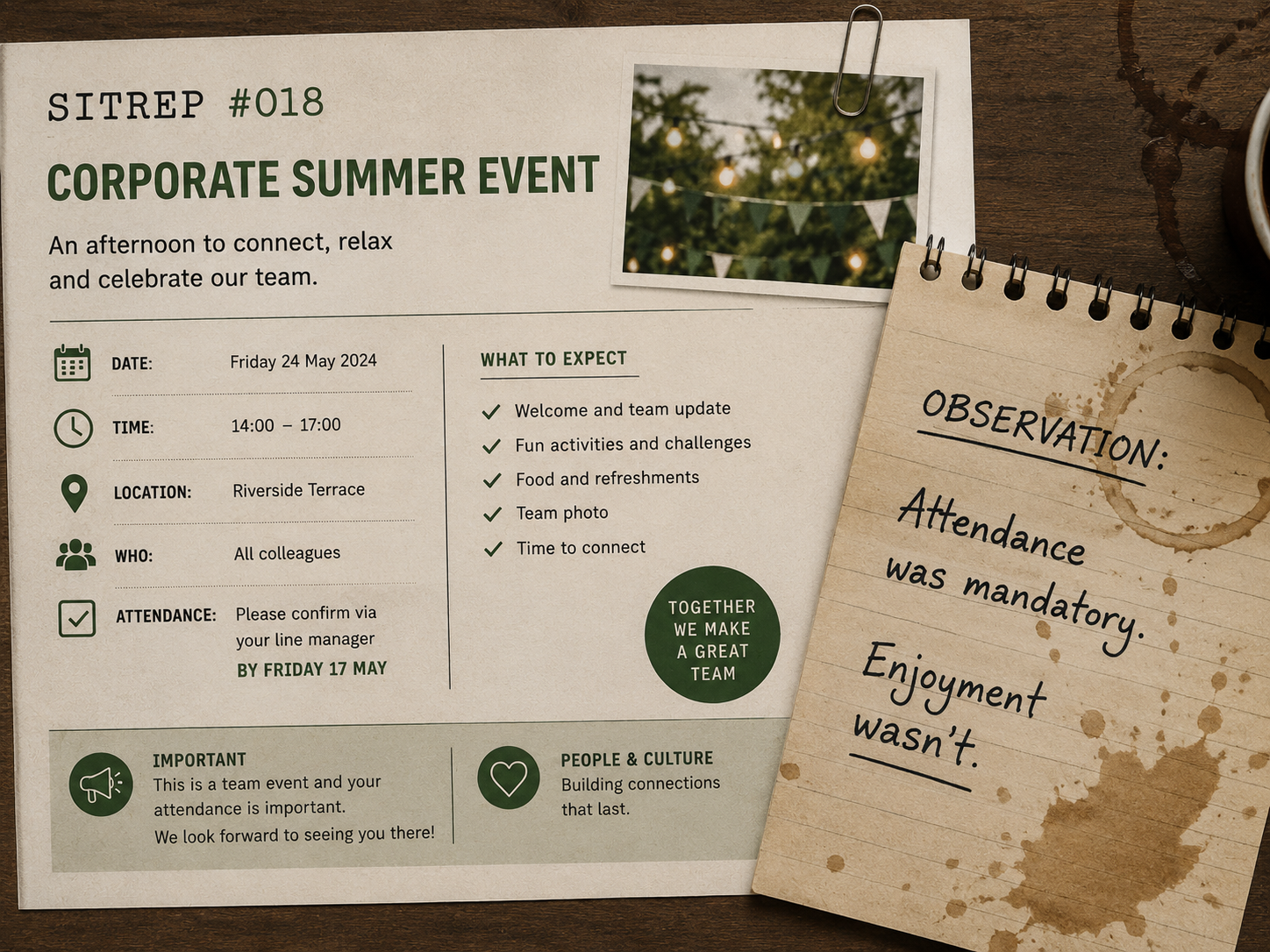 SITREP #018 workplace engagement event illustrating the difference between participation and genuine engagement.