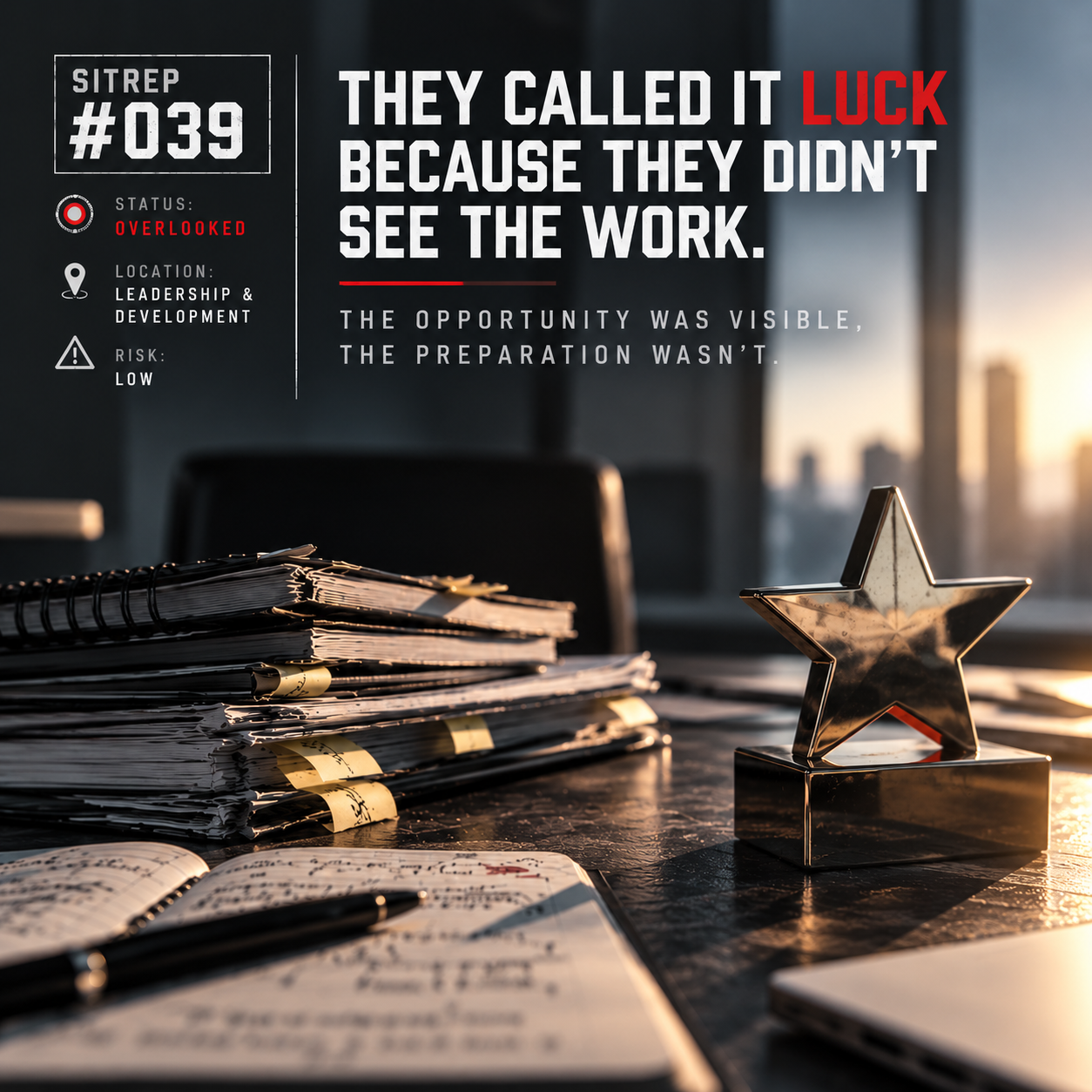 A star-shaped award beside a stack of well-used notebooks and paperwork, illustrating how visible success is often attributed to luck while the years of hard work, preparation and determination behind it go unnoticed.
