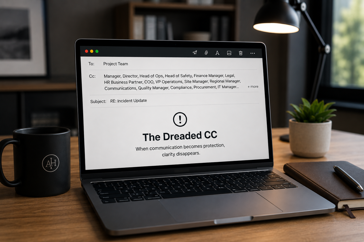 Laptop displaying an email with a large CC distribution, symbolising organisational trust, accountability and communication challenges explored in The Dreaded CC.