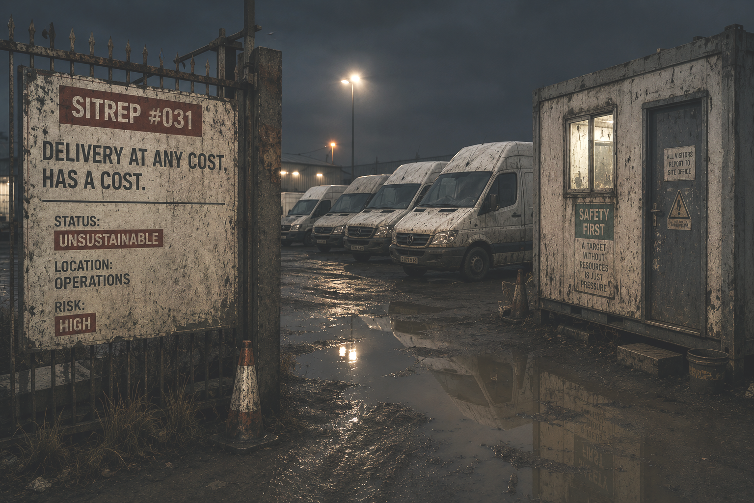 Weathered delivery vans parked in a worn industrial yard beside an ageing portable office and faded depot signage, symbolising the hidden operational cost of continually prioritising short-term delivery over long-term investment and resilience.