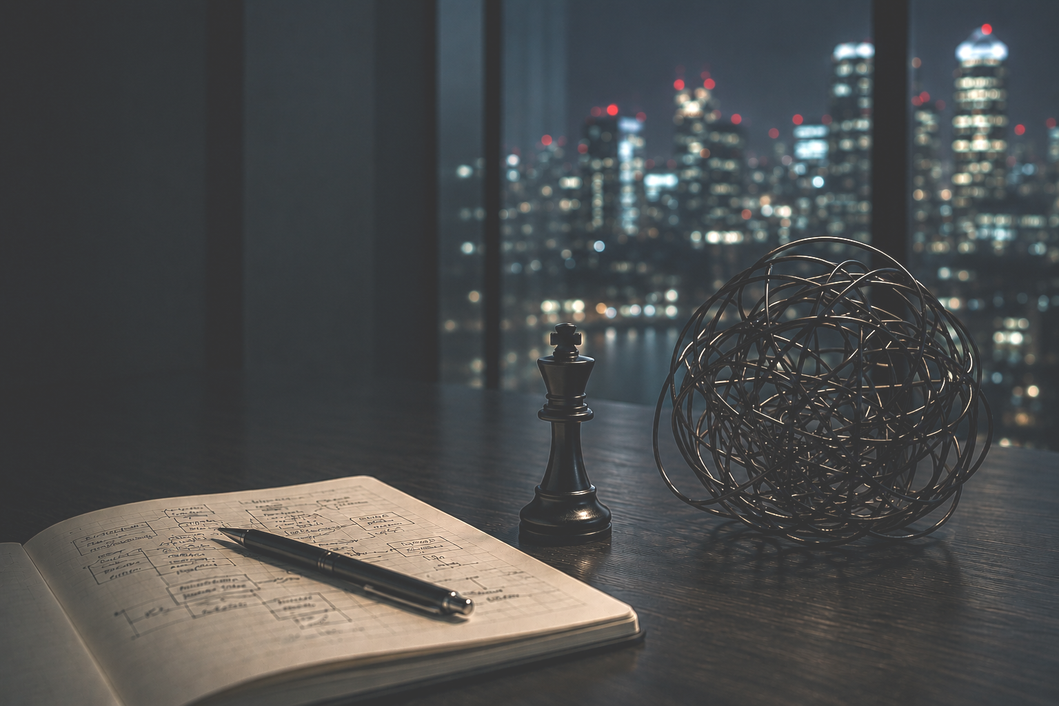 Leadership strategy notebook beside a chess piece in a dark office setting.