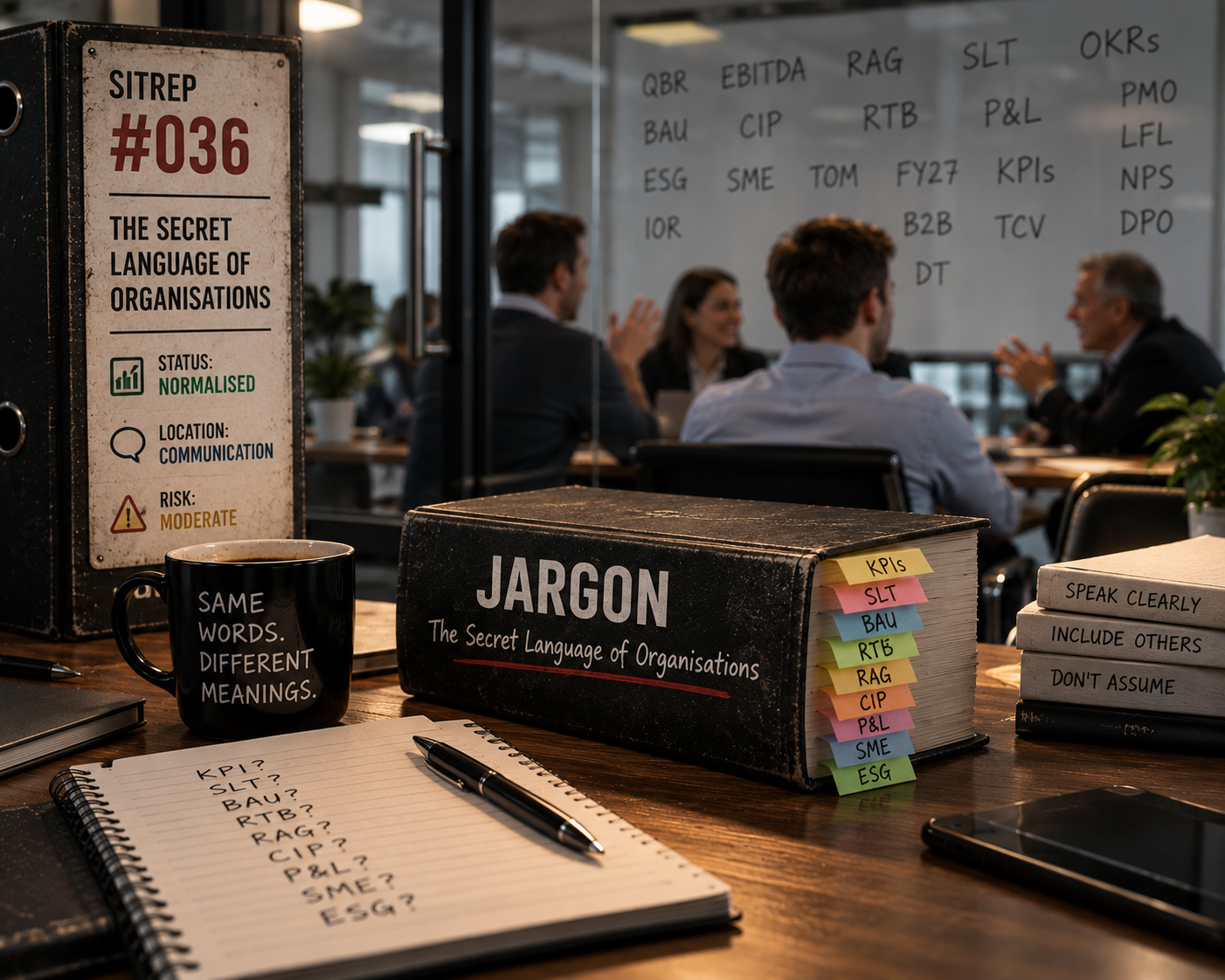 A workplace meeting surrounded by acronyms, jargon and internal shorthand, illustrating how familiar organisational language can become difficult for newcomers and outsiders to understand.