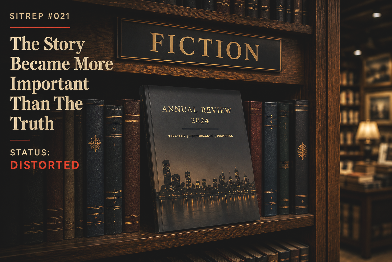 A corporate annual report placed among books on a bookshelf labelled "Fiction", symbolising the risk of organisational storytelling becoming detached from reality.