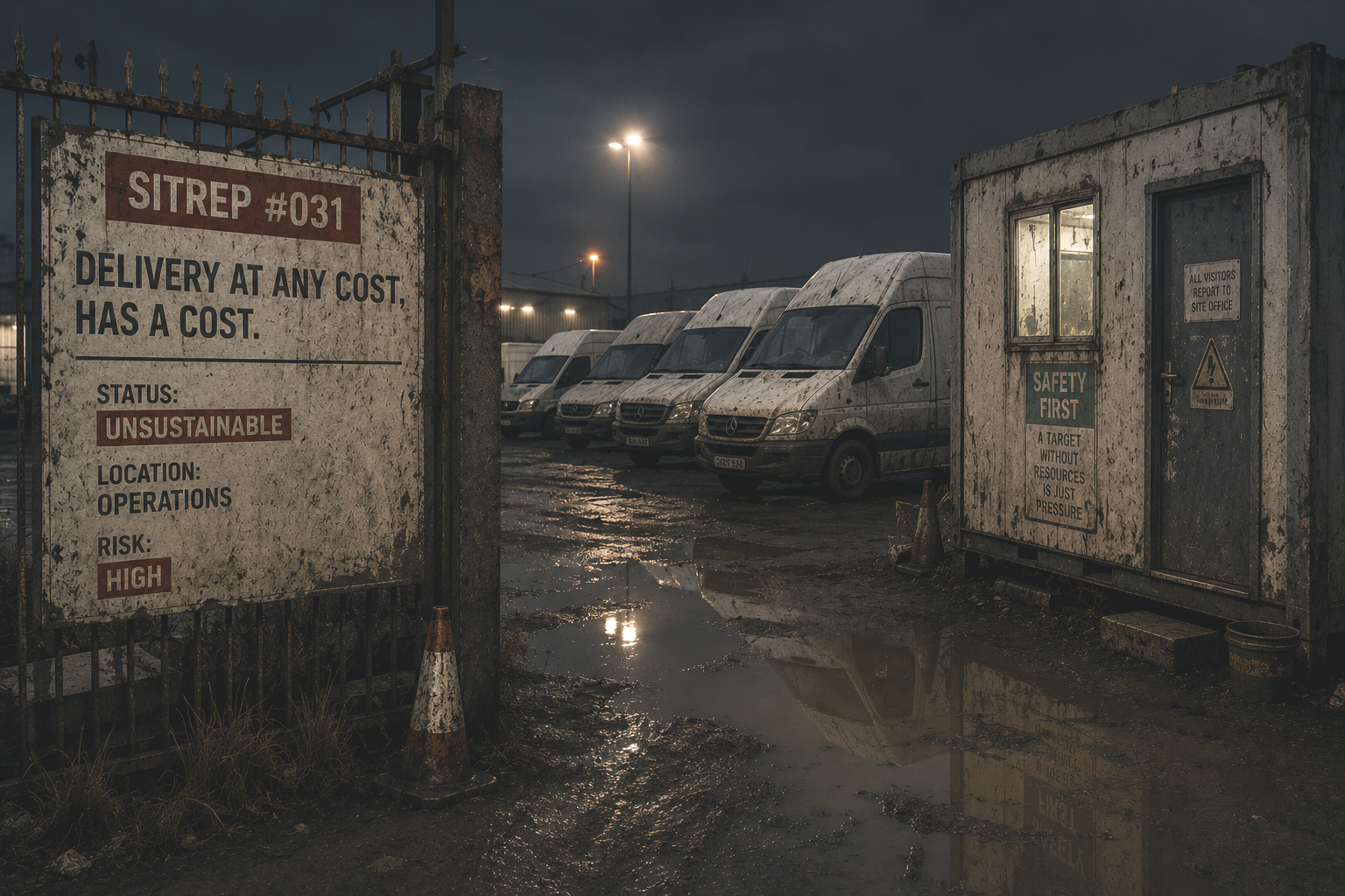 Weathered delivery vans parked in a worn industrial yard beside an ageing portable office and faded depot signage, symbolising the hidden operational cost of continually prioritising short-term delivery over long-term investment and resilience.