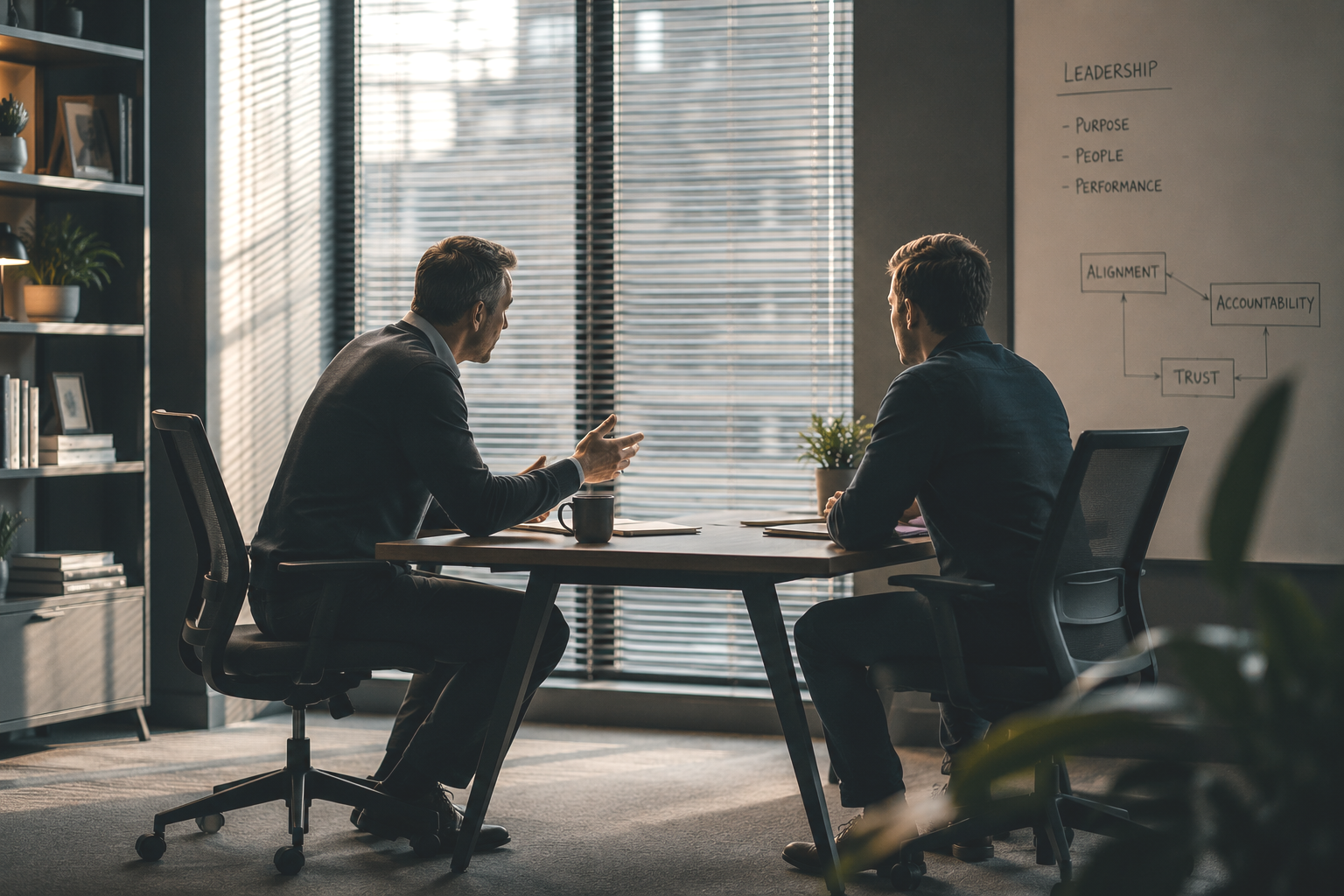 Senior leader mentoring a colleague during a one-to-one coaching conversation in a modern office, illustrating leadership development and career progression.