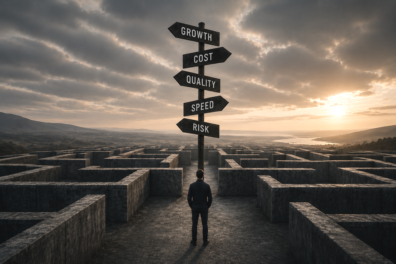 A lone leader stands before a maze of competing choices beneath directional signs for growth, cost, quality, speed and risk, symbolising leadership judgement, trade-offs and decision-making in complex environments.