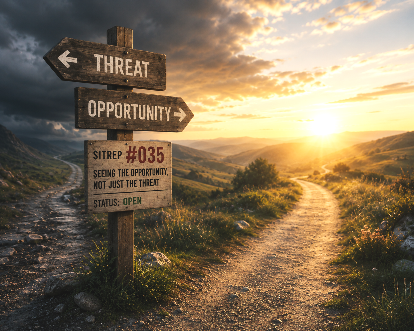 A wooden signpost at a fork in the road, with one path pointing towards threat under dark clouds and the other towards opportunity in sunlight, illustrating how the same change can be viewed from different perspectives.