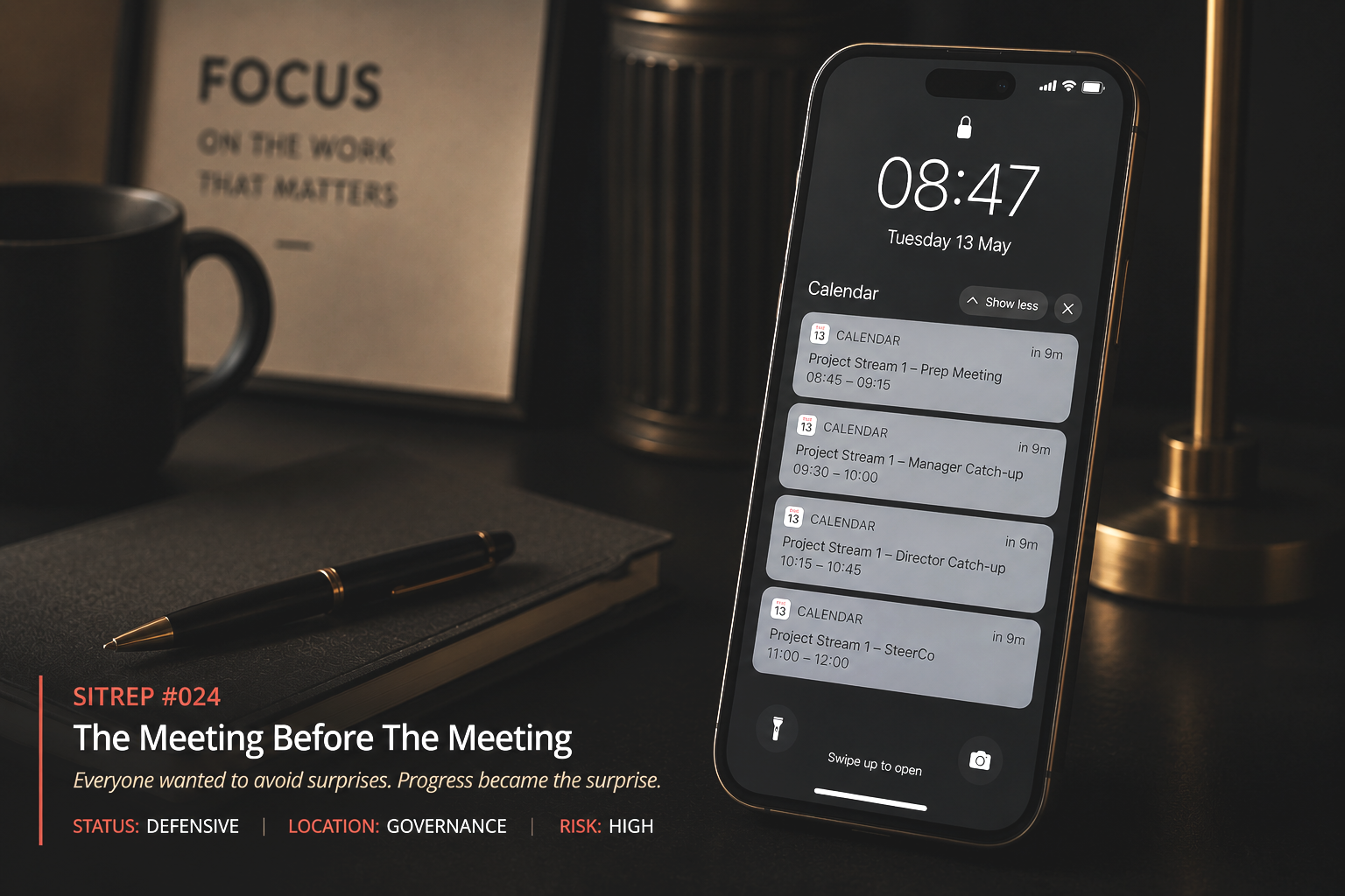 A smartphone displaying repeated calendar invitations for the same project, representing the organisational cost of meetings before the meeting.