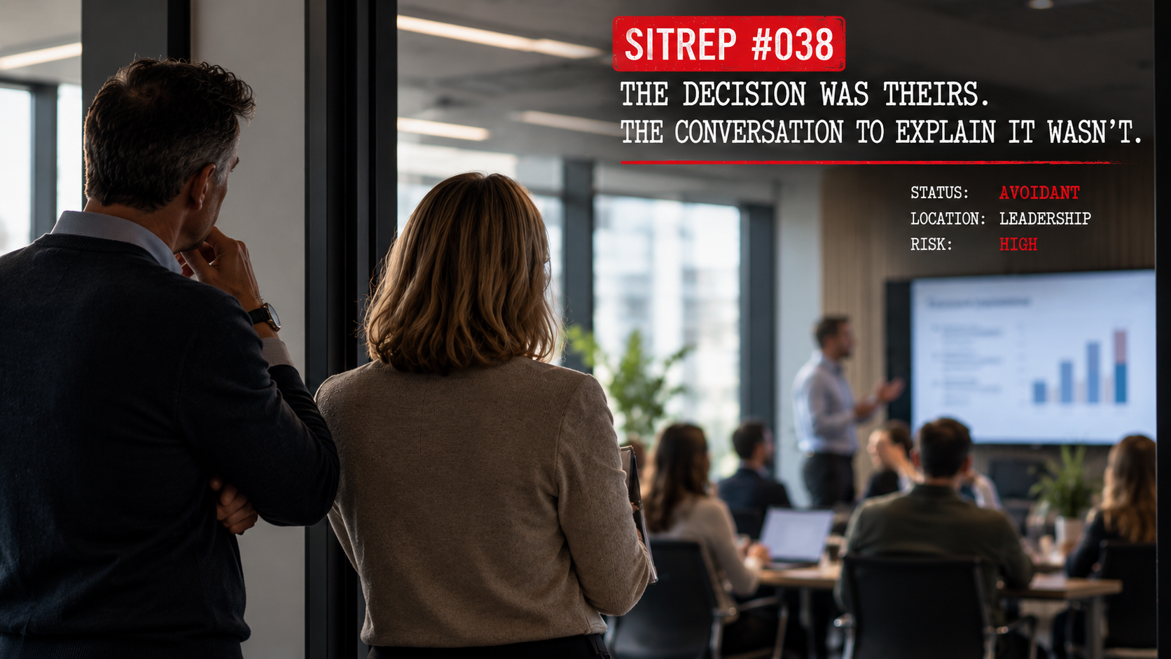 Two senior leaders watch from outside a meeting room while another colleague delivers a business update, illustrating how difficult decisions can be made by one person but left to someone else to explain.