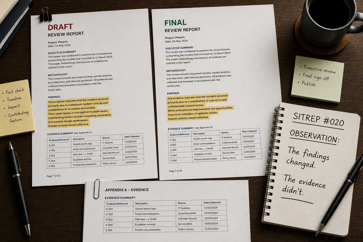 SITREP #020 draft and final review reports illustrating the importance of maintaining alignment between evidence and conclusions.