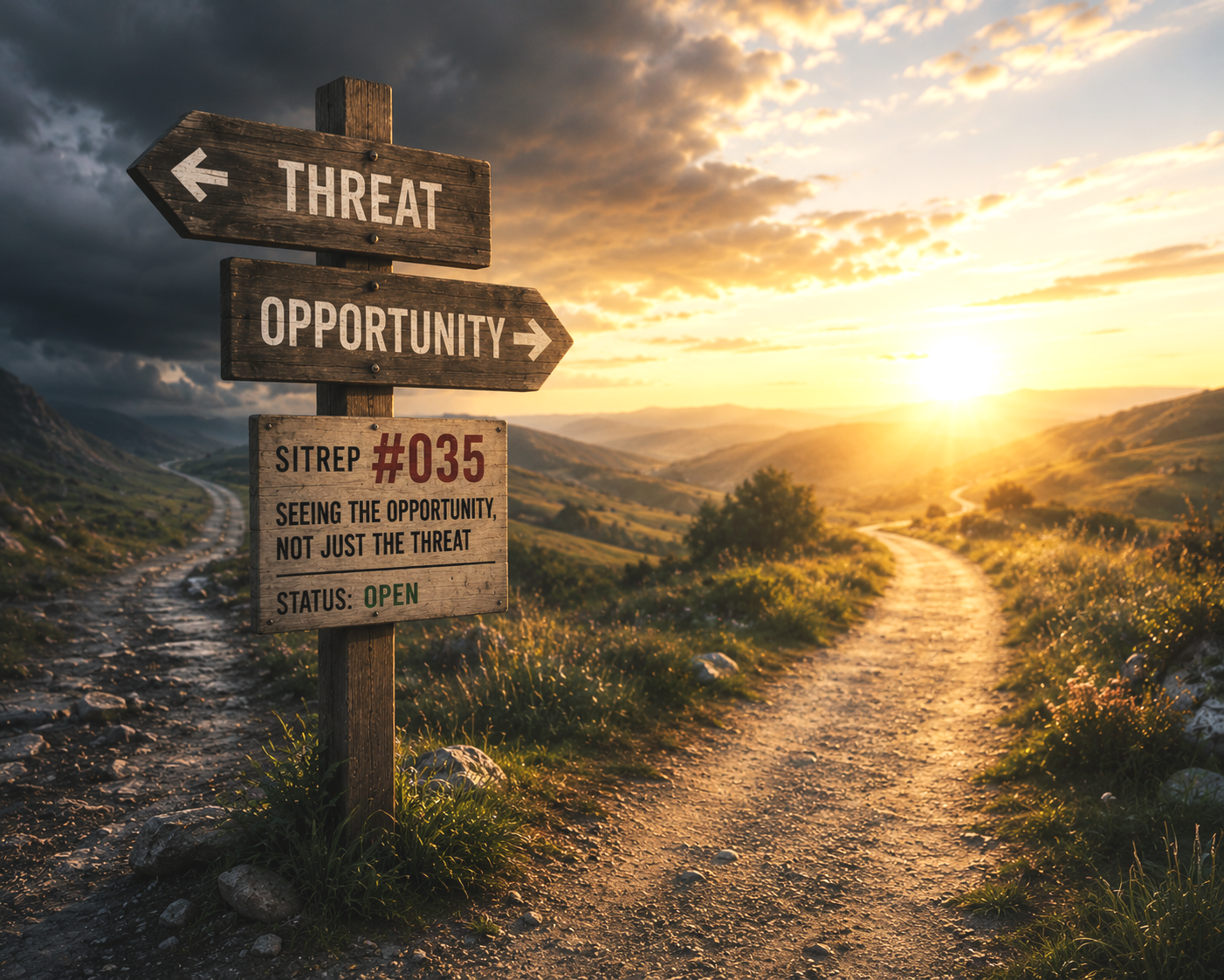 A wooden signpost at a fork in the road, with one path pointing towards threat under dark clouds and the other towards opportunity in sunlight, illustrating how the same change can be viewed from different perspectives.