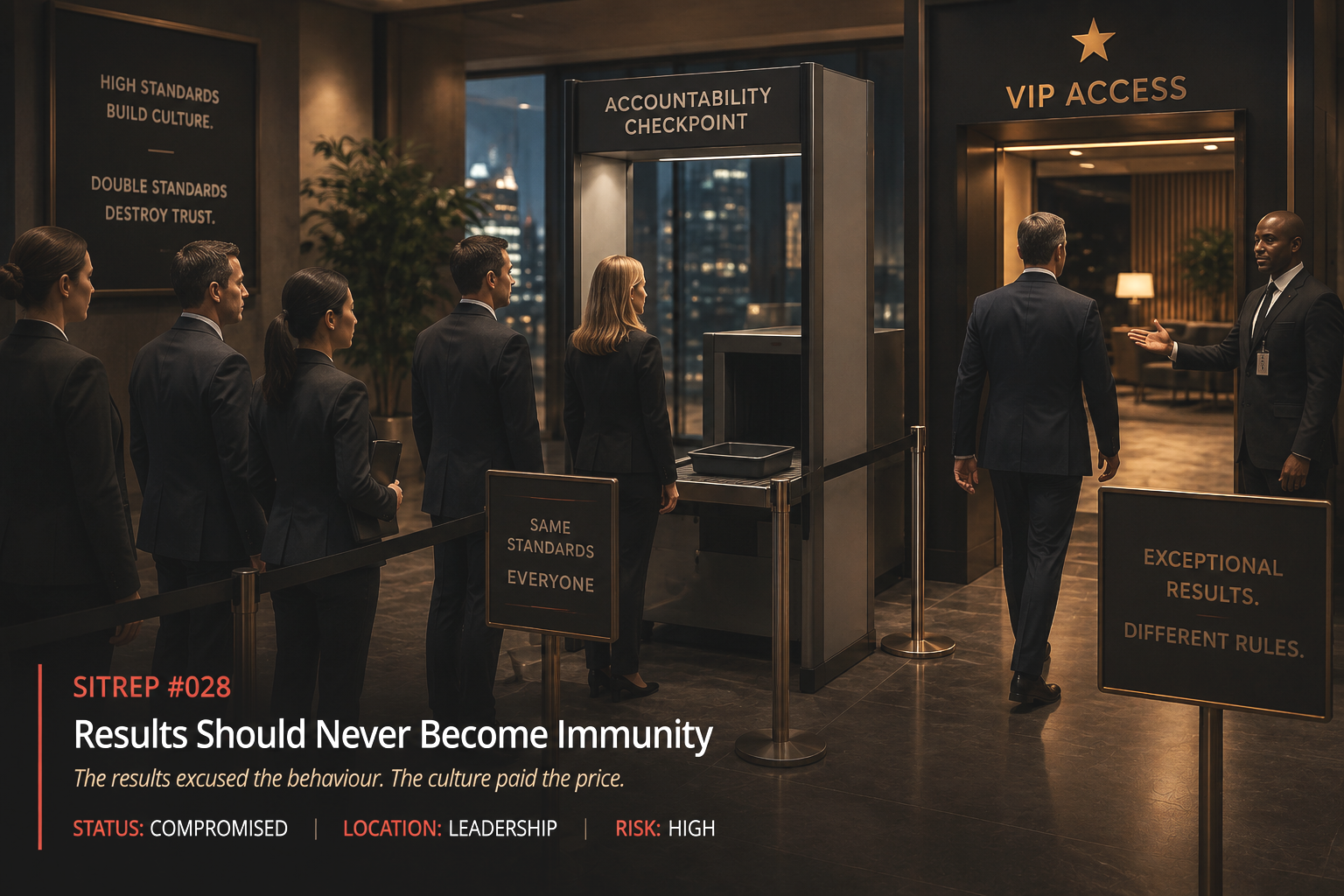 A premium corporate lobby where one employee bypasses an accountability checkpoint through a VIP entrance while others queue, representing double standards and inconsistent leadership accountability.