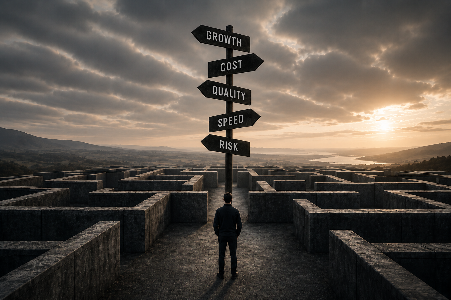 A lone leader stands before a maze of competing choices beneath directional signs for growth, cost, quality, speed and risk, symbolising leadership judgement, trade-offs and decision-making in complex environments.