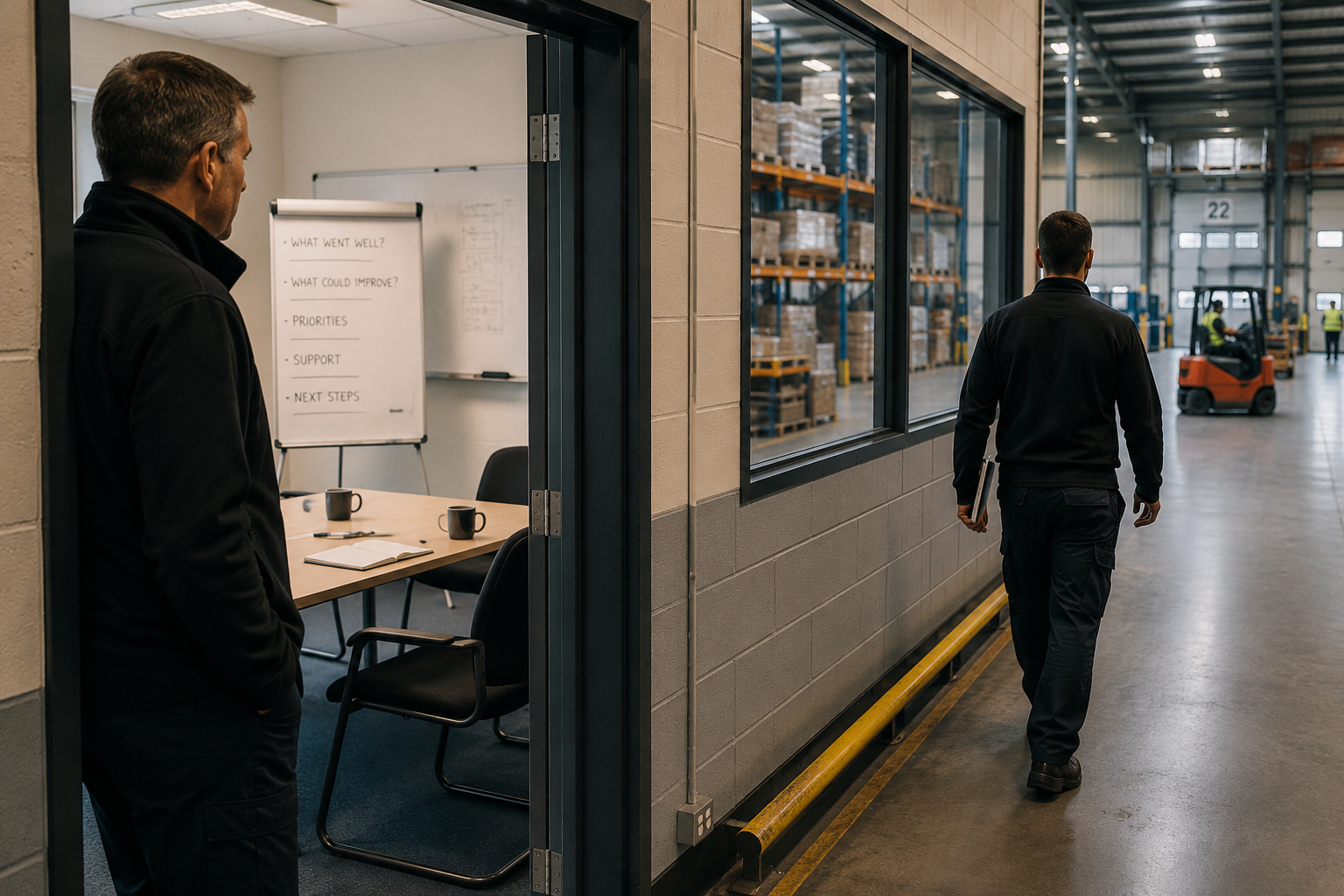 Leader standing outside an operations meeting room watching a colleague return confidently to a warehouse after a one-to-one discussion, with a flipchart displaying balanced coaching points including strengths, priorities, support and next steps.