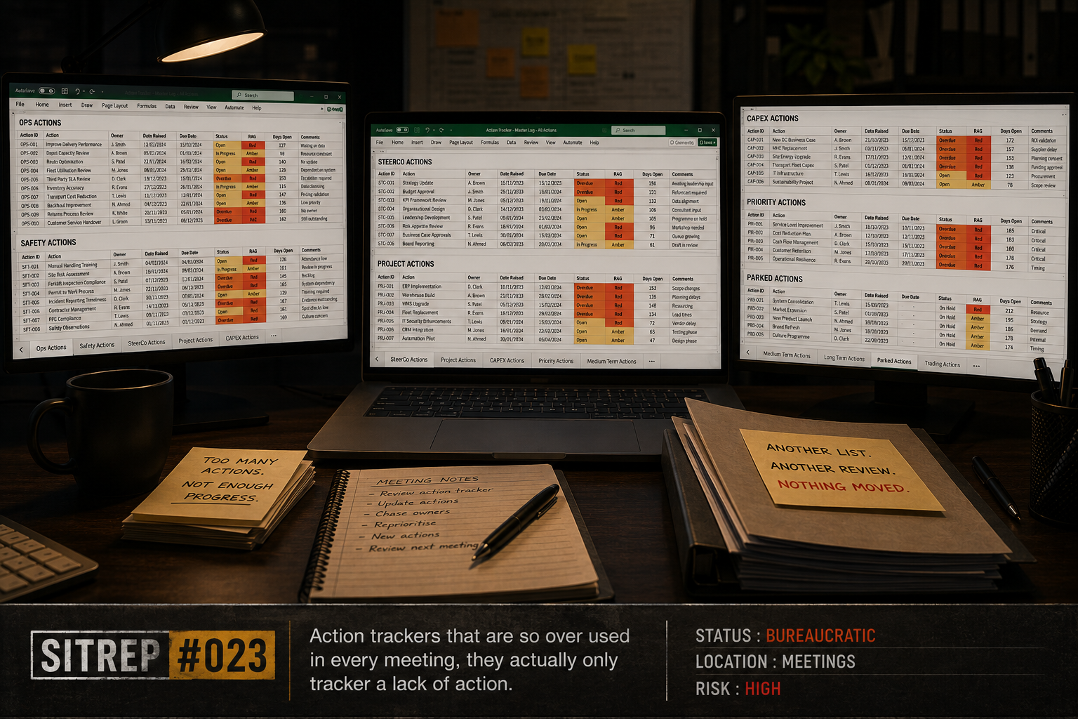 A multi-monitor workstation displaying multiple spreadsheet-based action trackers with overdue tasks, amber and red status indicators, and numerous operational workstreams, illustrating how excessive tracking can become bureaucracy rather than drive 