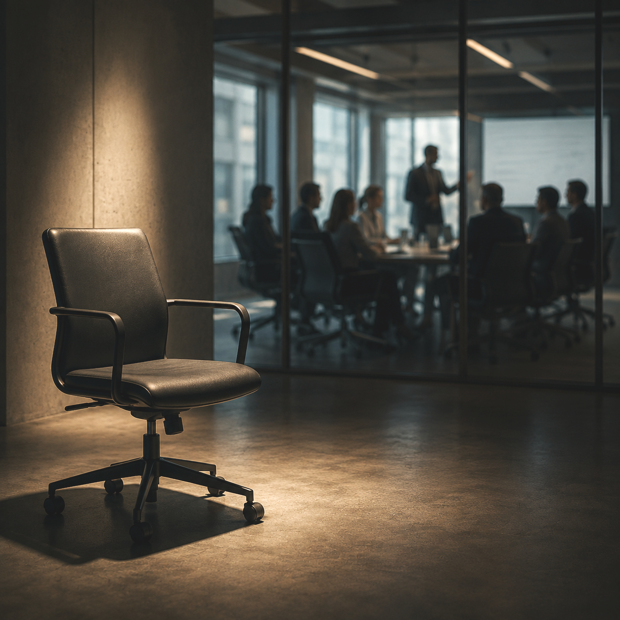 An empty chair sits outside a glass-walled meeting room while a group of colleagues meet inside, representing how contribution and capability can be overlooked when visibility, relationships and access influence opportunity.