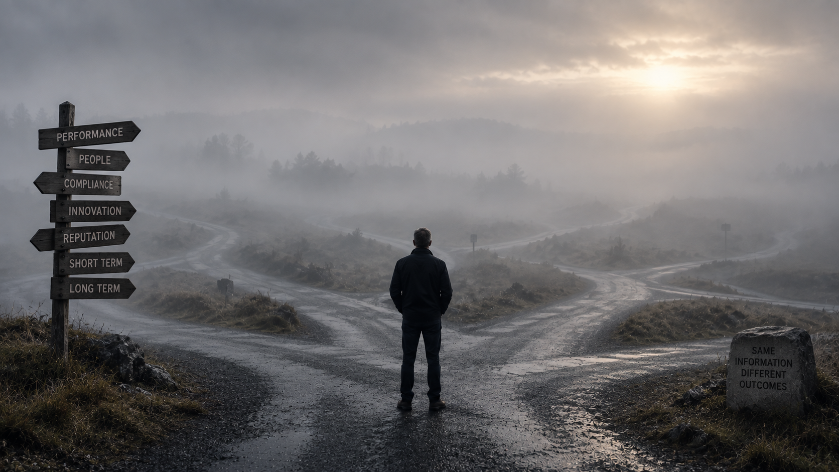 Leader standing at a foggy crossroads with multiple paths and signposts representing competing priorities and uncertain leadership decisions.