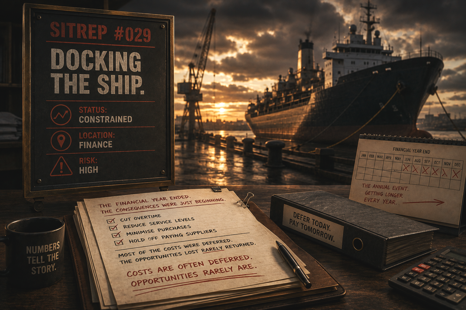 A cinematic dockside scene featuring a cargo ship alongside a financial year-end planning desk with reports on deferred costs, lost opportunities and cost controls, illustrating how short-term financial measures can compromise future performance.
