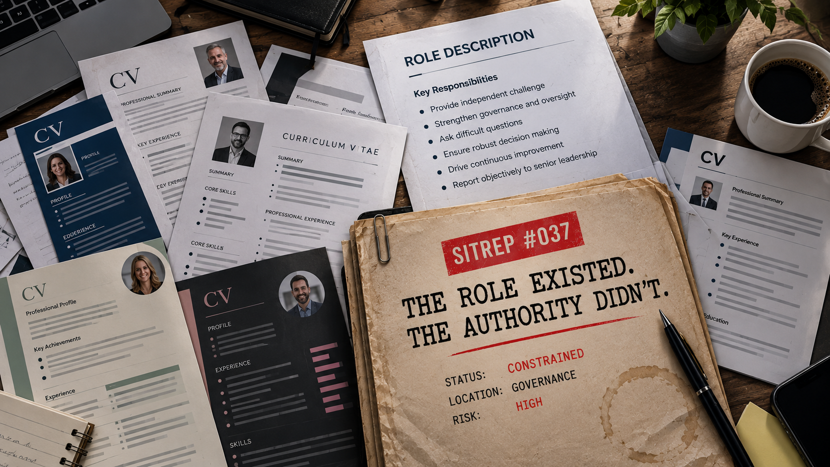 A selection of CVs and a role description arranged around a SITREP file, illustrating the gap between recruiting for independent challenge and providing the authority to exercise it.