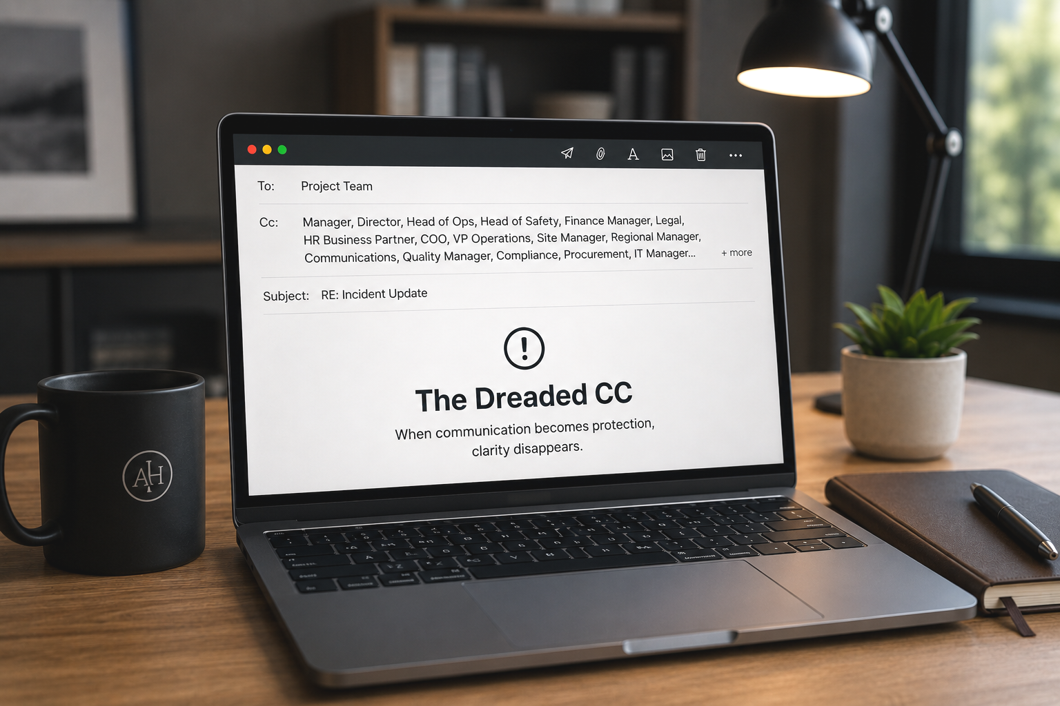 Laptop displaying an email with a large CC distribution, symbolising organisational trust, accountability and communication challenges in The Dreaded CC