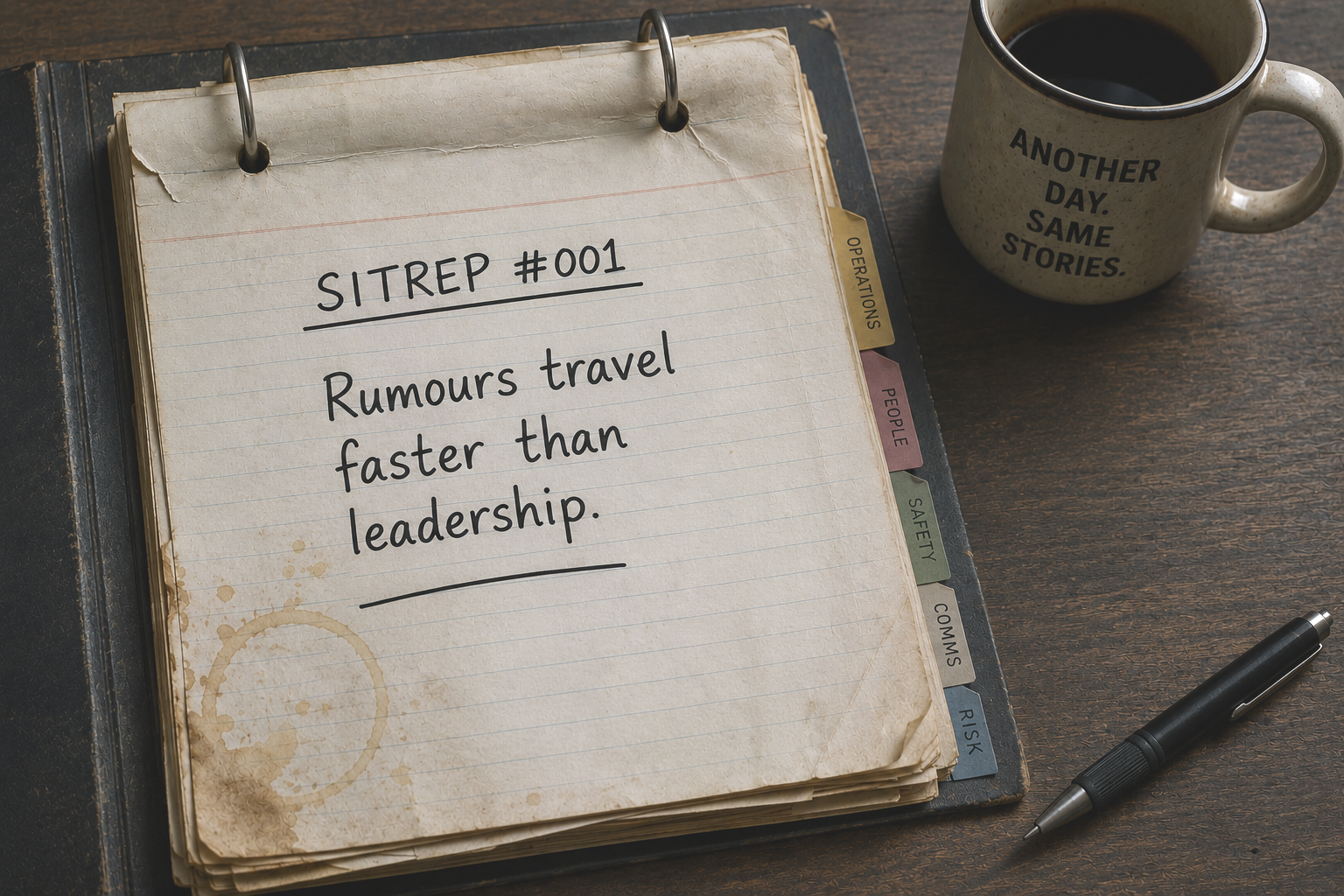 SITREP #001 handwritten leadership notes illustrating how informal communication can outpace official messaging.
