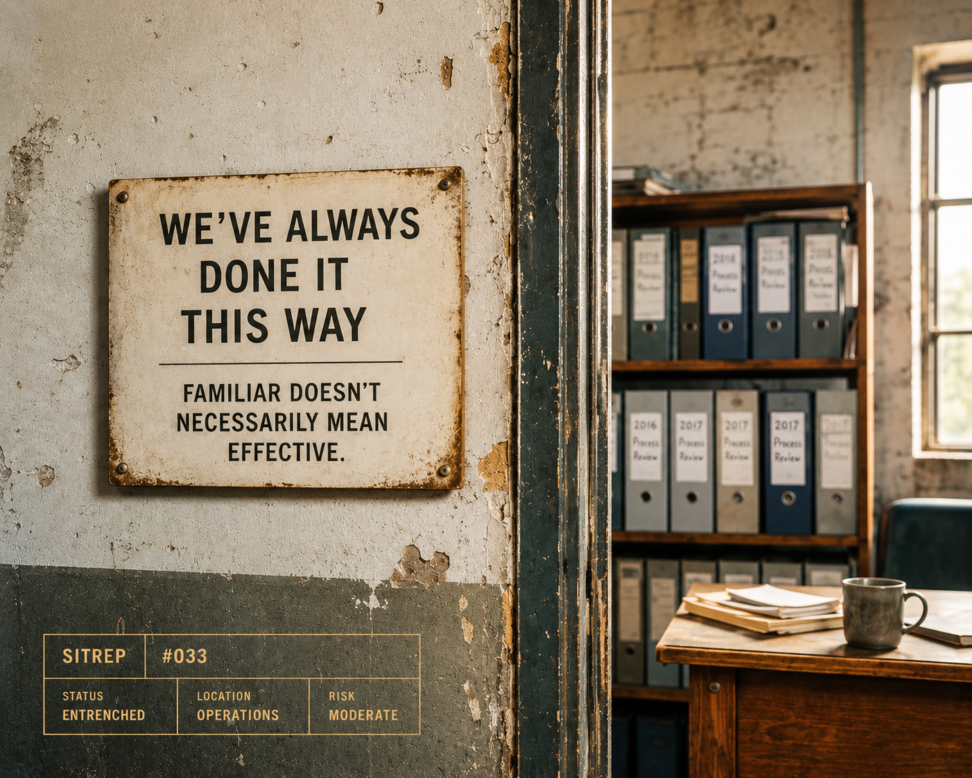 A weathered workplace sign reading ‘We’ve Always Done It This Way’ in an ageing office surrounded by old process files, illustrating how established ways of working can become entrenched and continue without being questioned.