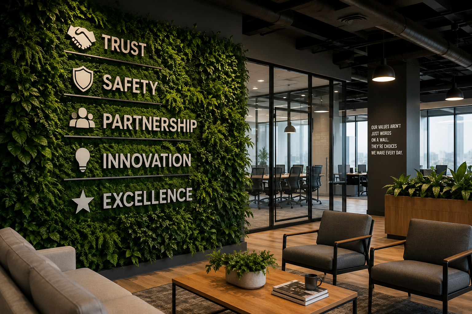 Modern office interior featuring a living wall displaying organisational values including Trust, Safety, Partnership, Innovation and Excellence, representing leadership values, organisational culture and ethical decision-making.