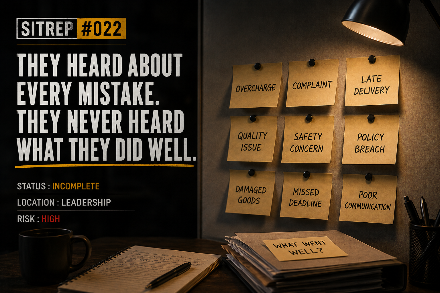 A leadership-themed office scene showing sticky notes listing operational failures surrounding a lone note asking, "What went well?", representing the tendency to focus on mistakes while overlooking strengths.