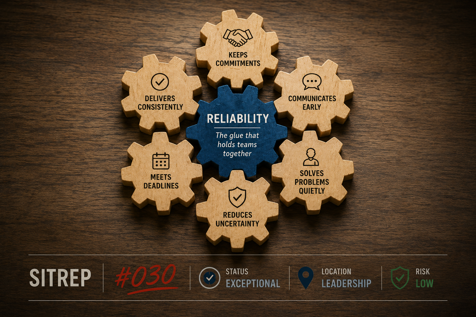 Interlocking wooden gears labelled with dependable workplace behaviours surrounding a central gear titled "Reliability," alongside SITREP #030 details, illustrating how trust, consistency and kept commitments hold high-performing teams together.
