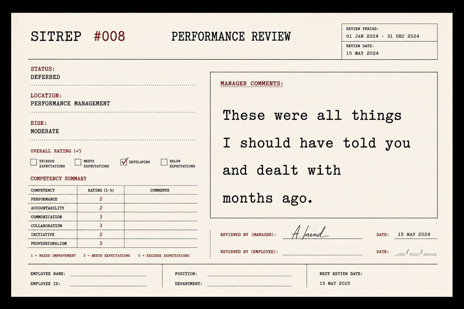 SITREP #008 performance review highlighting the impact of delayed feedback and communication.