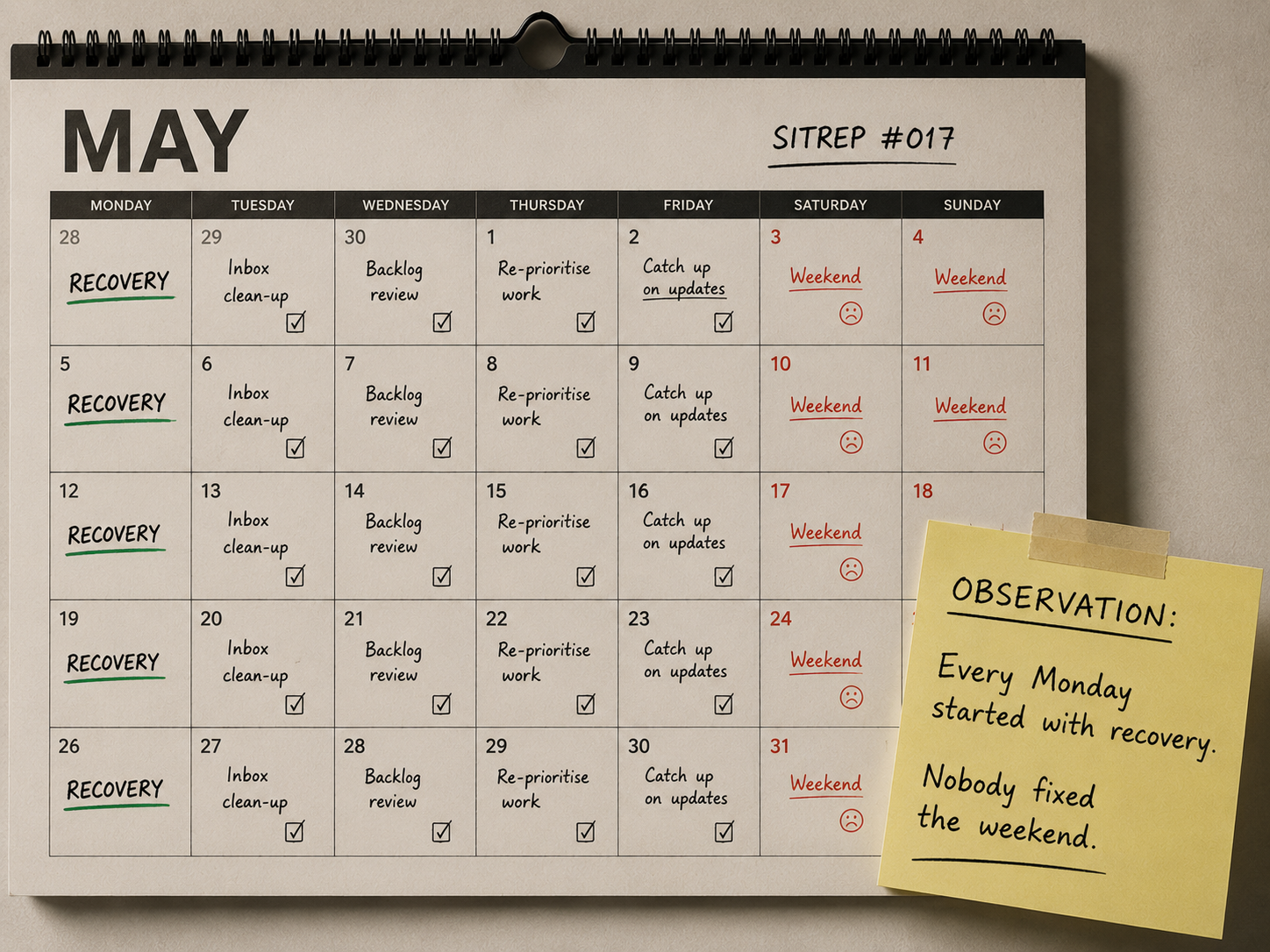 Operational recovery report illustrating how recurring weekend issues create Monday backlogs, highlighting the need to address root causes rather than repeatedly recovering from them.