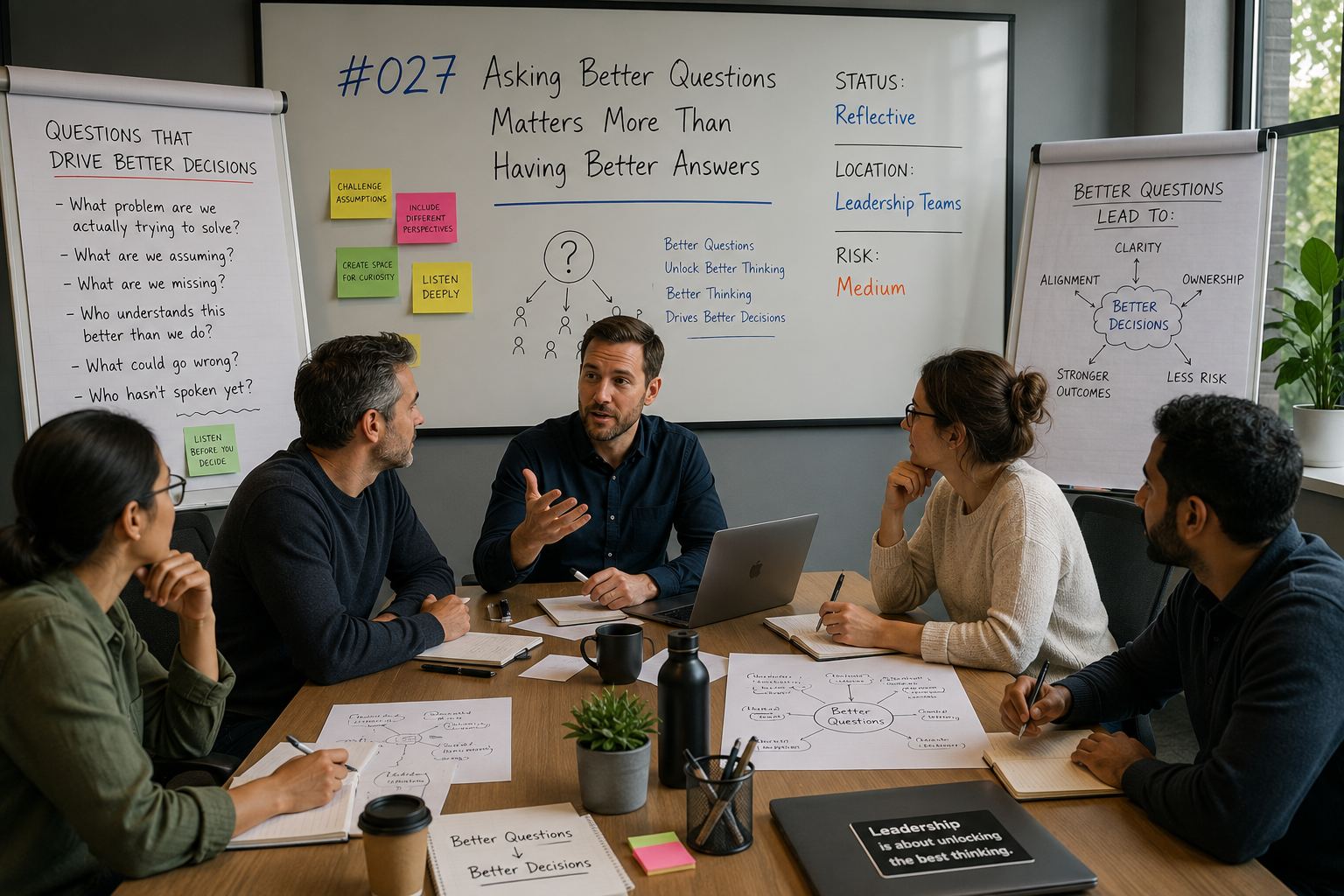 Team brainstorming session around a meeting table with flipcharts, notebooks and a whiteboard displaying SITREP #027, "Asking Better Questions Matters More Than Having Better Answers", alongside status, location and risk details, representing collabo