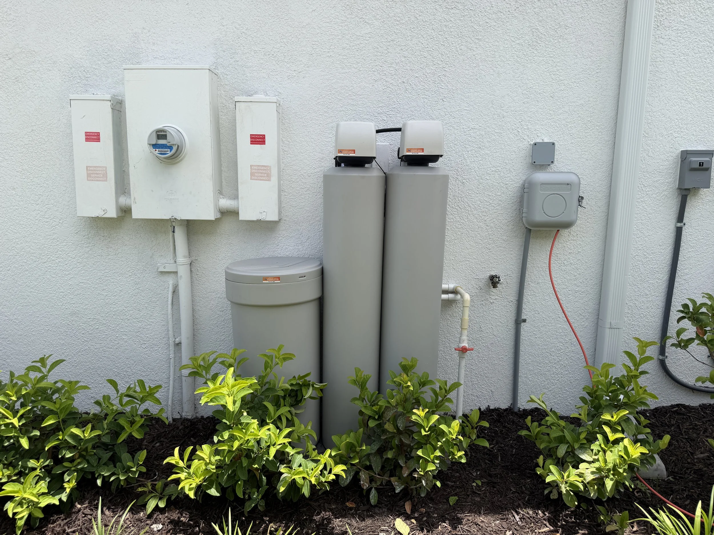 The image shows a white exterior wall with electrical meters, boxes, and conduits. There are plants with green leaves at the base of the wall.