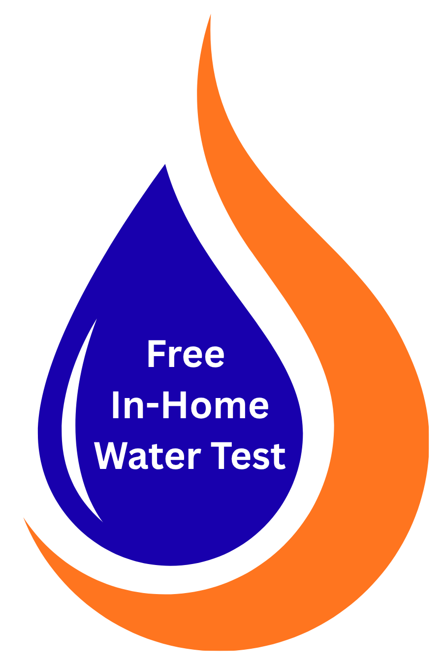 A logo with a droplet shape; blue droplet contains the text 'Free In-Home Water Test,' and an orange shape encircles the droplet.