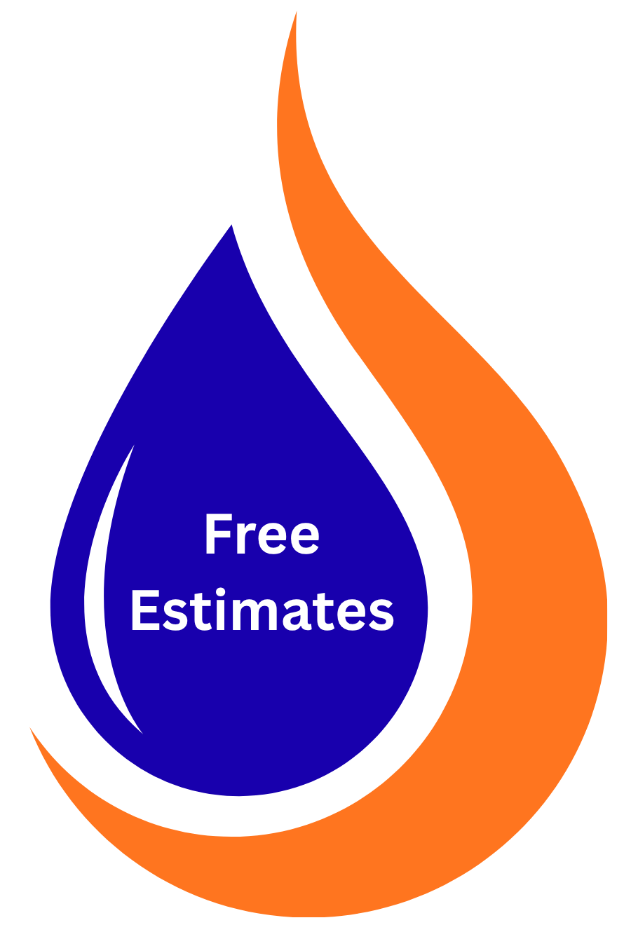 A logo featuring a large blue water droplet with the words 'Free Estimates' written inside it, and an orange flame shape surrounding the droplet.