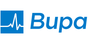 Bupa logo with a blue square containing a white heartbeat line