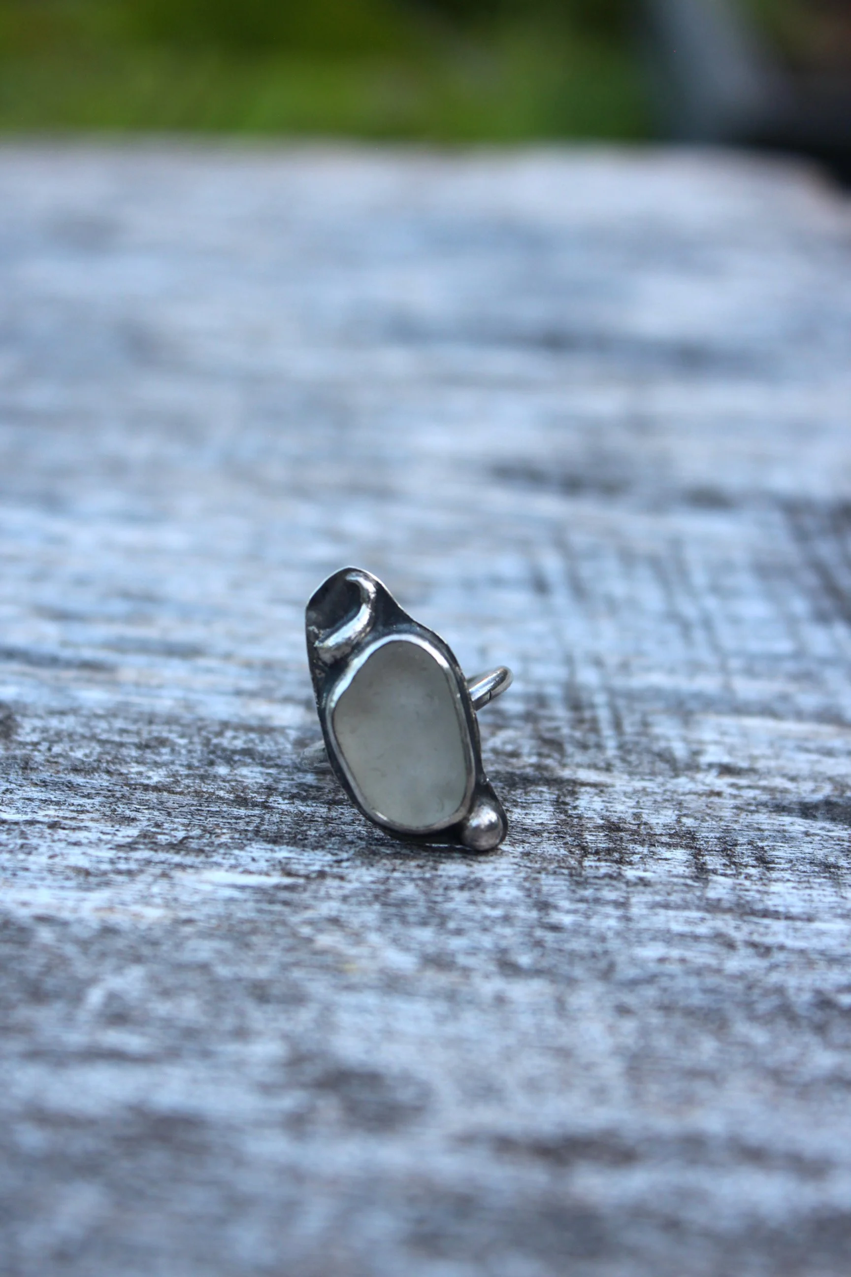 White sea glass beetle ring