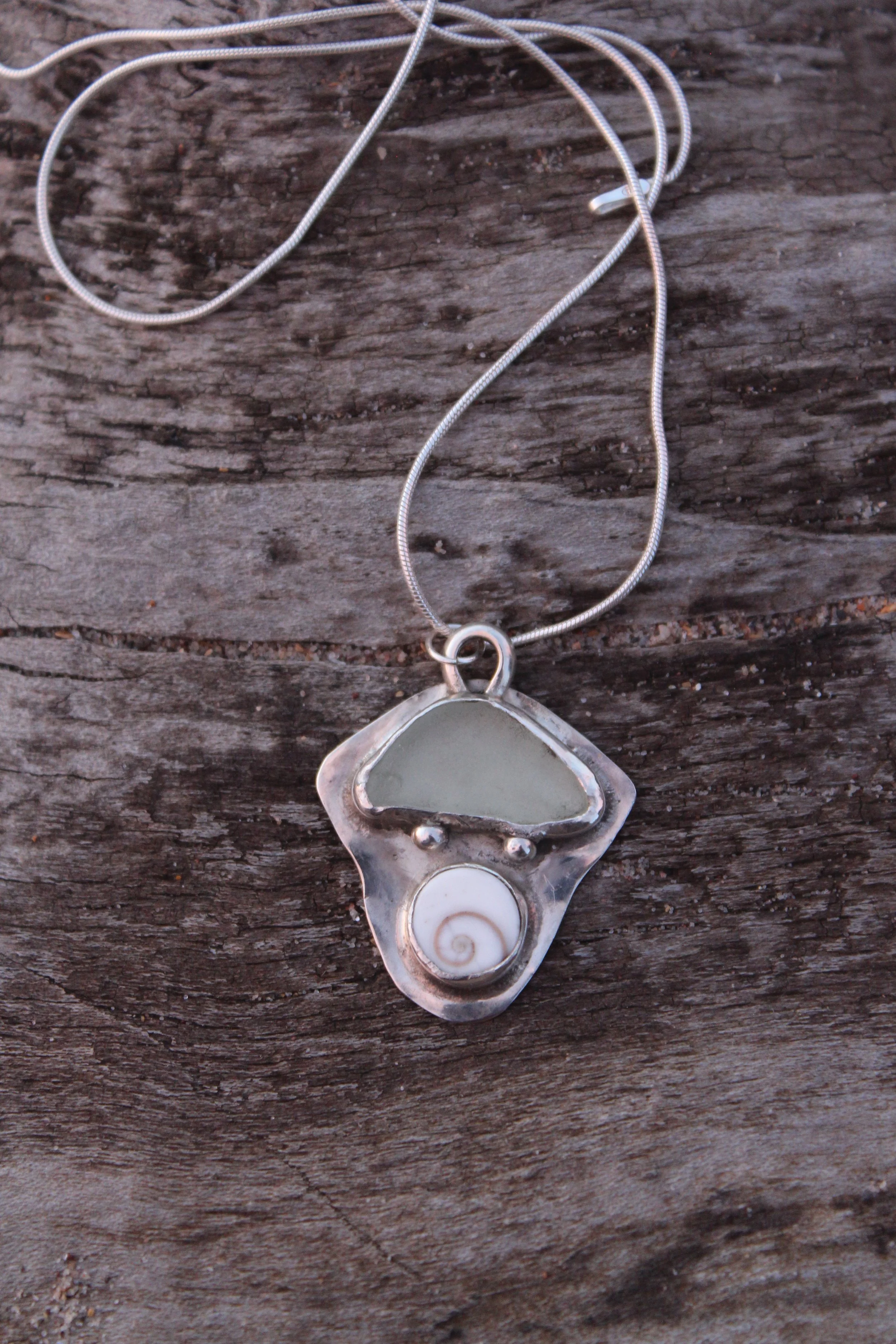 Sea glass and shiva shell tidal pendant