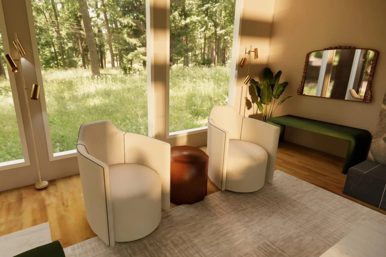 3D Rendering of a cozy living room with large windows overlooking a wooded outdoor scene, skylar holman , Vancouver island, north cowichan, advanced service, spirit design studio