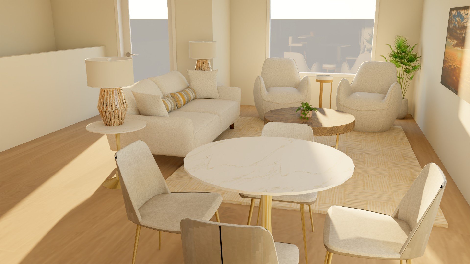 A living room with a beige sofa, armchairs, a round marble table, and floor lamps. skylar holman - north cowichan, vancouver island, spirit design studio, home staging service