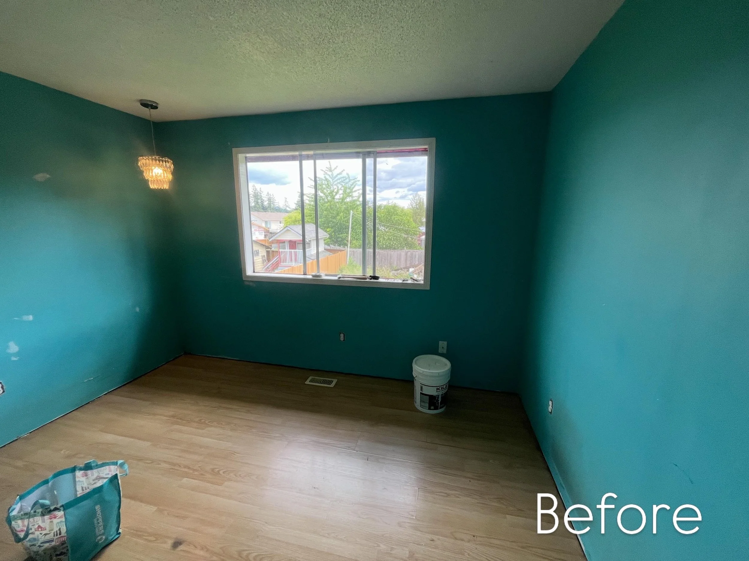 Empty room with teal walls, a window overlooking a neighborhood, a ceiling light fixture, and a bucket of paint. North Cowichan/ Duncan area , Spirit Design Studio, designed by Skylar Holman