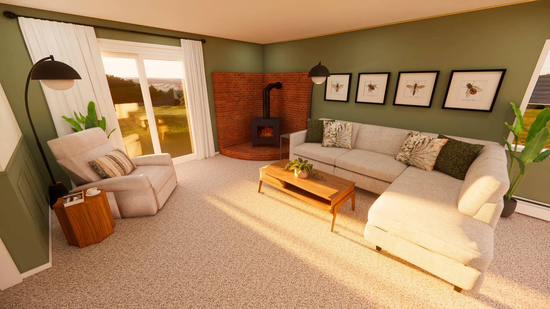 Living room with beige sofa and armchair, green walls, framed bee illustrations, brick fireplace with black stove, sliding glass door with white curtains, coffee table with plant, potted plants, and carpet. Victoria Broadmead interior design