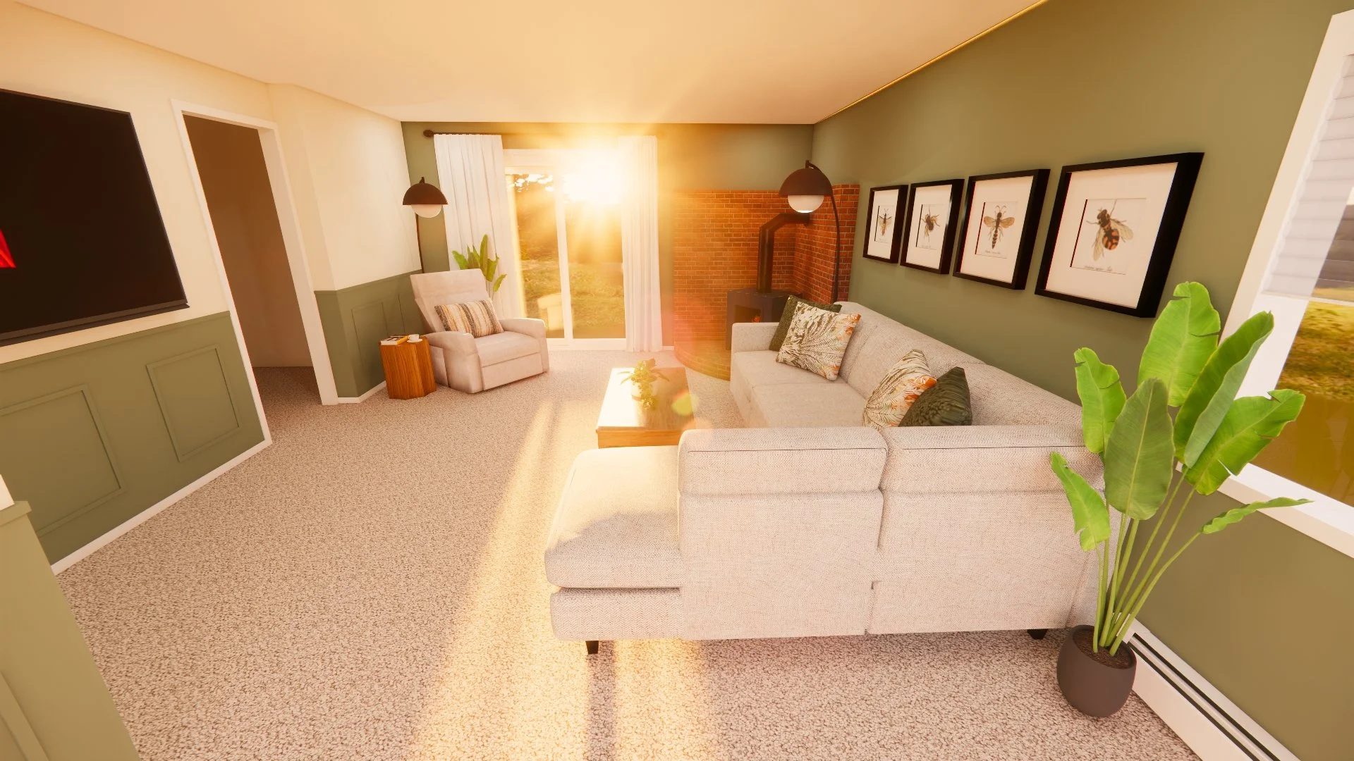 Living room with beige sofa, armchair, framed insect art, potted plant, wood stove, and sunset outside. Victoria Broadmead interior design
