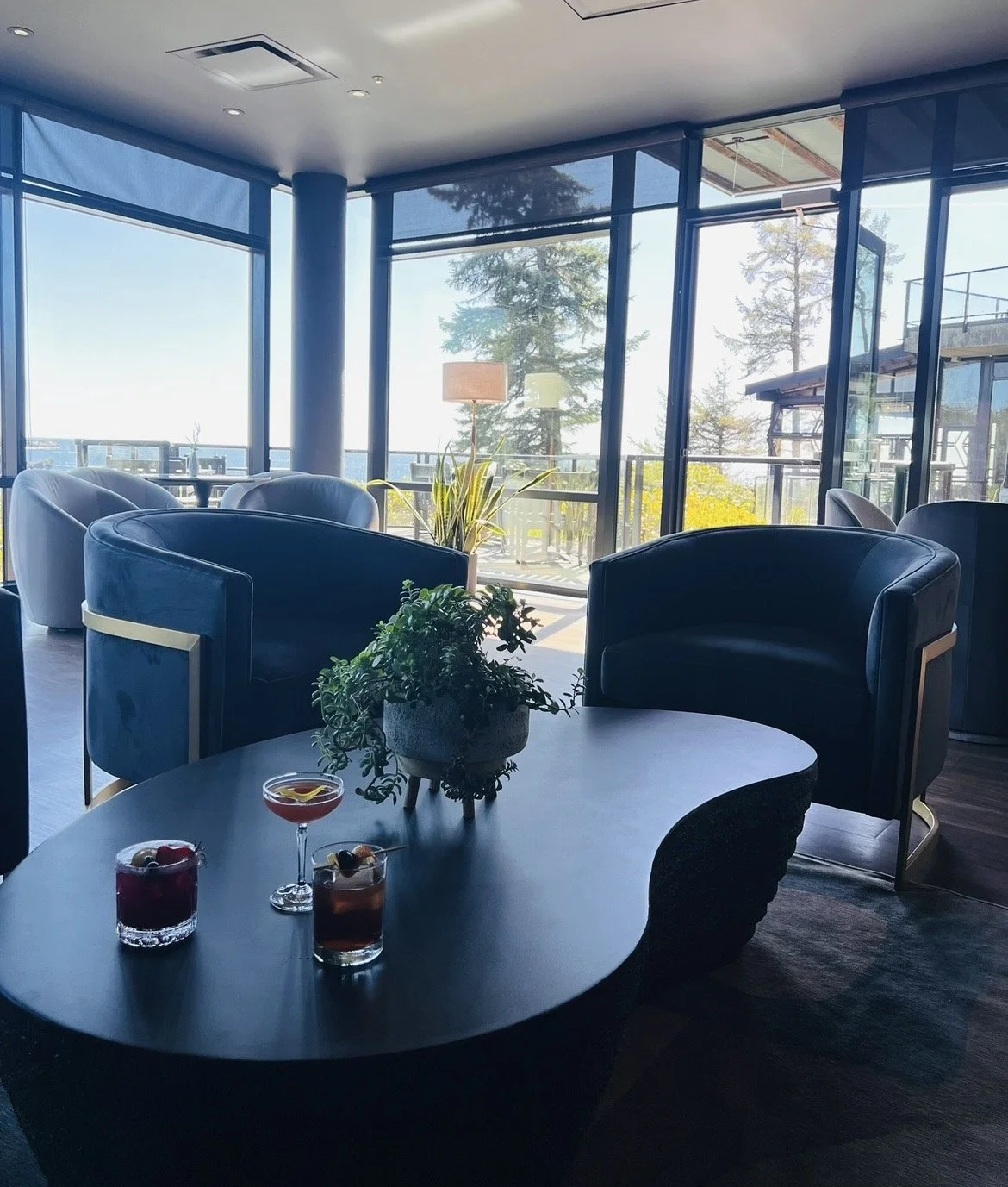 Modern lobby or lounge area with black armchairs around a curved black table. Commercial Design from Spirit design studio - Vancouver island interior decorating