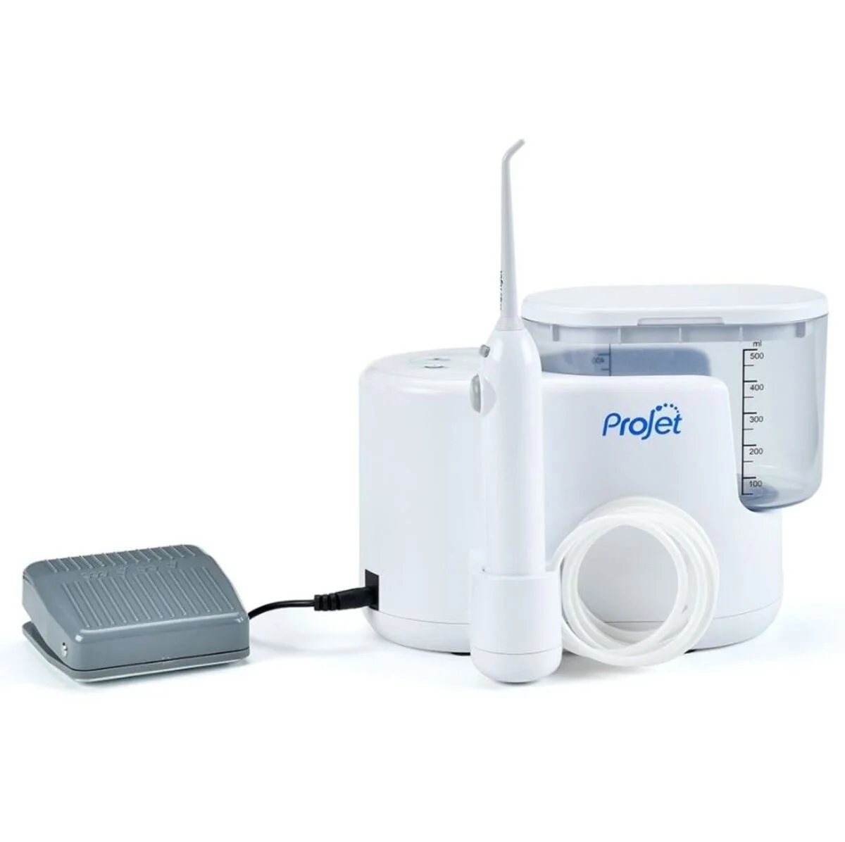 Dental air polishing device with handpiece, water reservoir, and foot pedal on a white background.