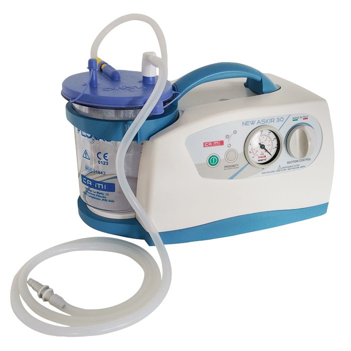 A medical suction device with a blue and white body, a transparent collection chamber, and a suction tube.