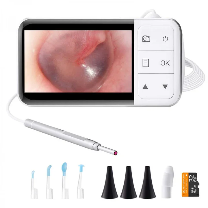 Medical endoscopy device with a screen displaying an internal view of a person's nasal passage, including a flexible tube with a light and camera, along with four different angled attachments and a 32 GB memory card.